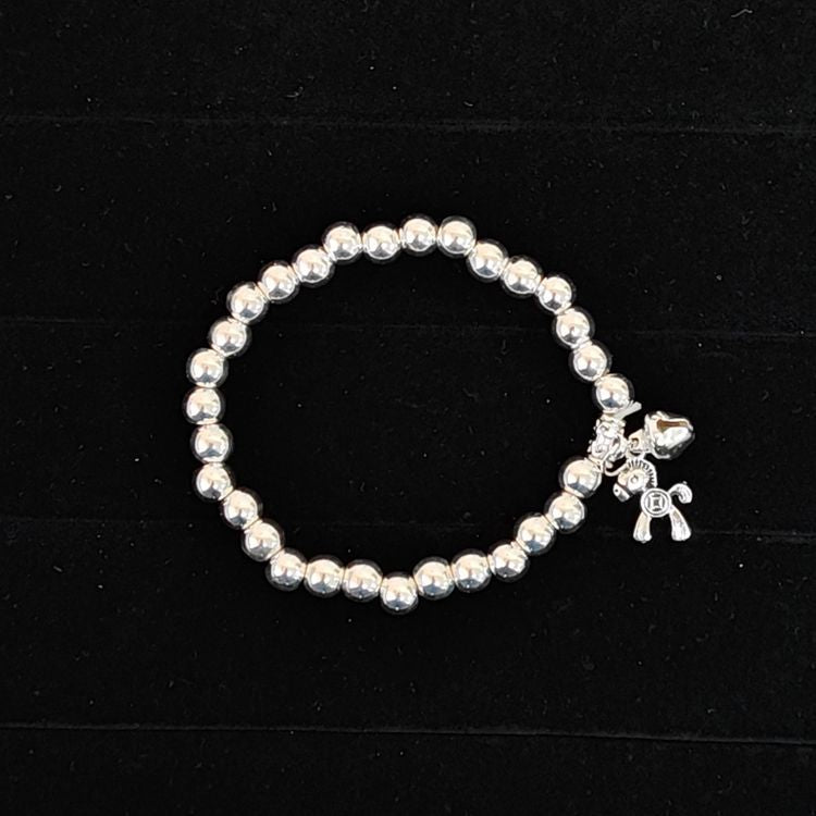 Beaded Lucky Cat Bracelet, Silver-Plated Bracelet with Round Beads, Elastic Cord Handmade Beaded Bracelet from Yunnan, Guizhou, and Sichuan, Auspicious Elephant Bell