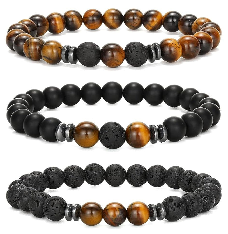 Popular Amazon European and American Men's Fashion Set, Stylish Tiger Eye Volcanic Stone Bracelet, White Pine Snowflake Bracelet, Versatile Accessories