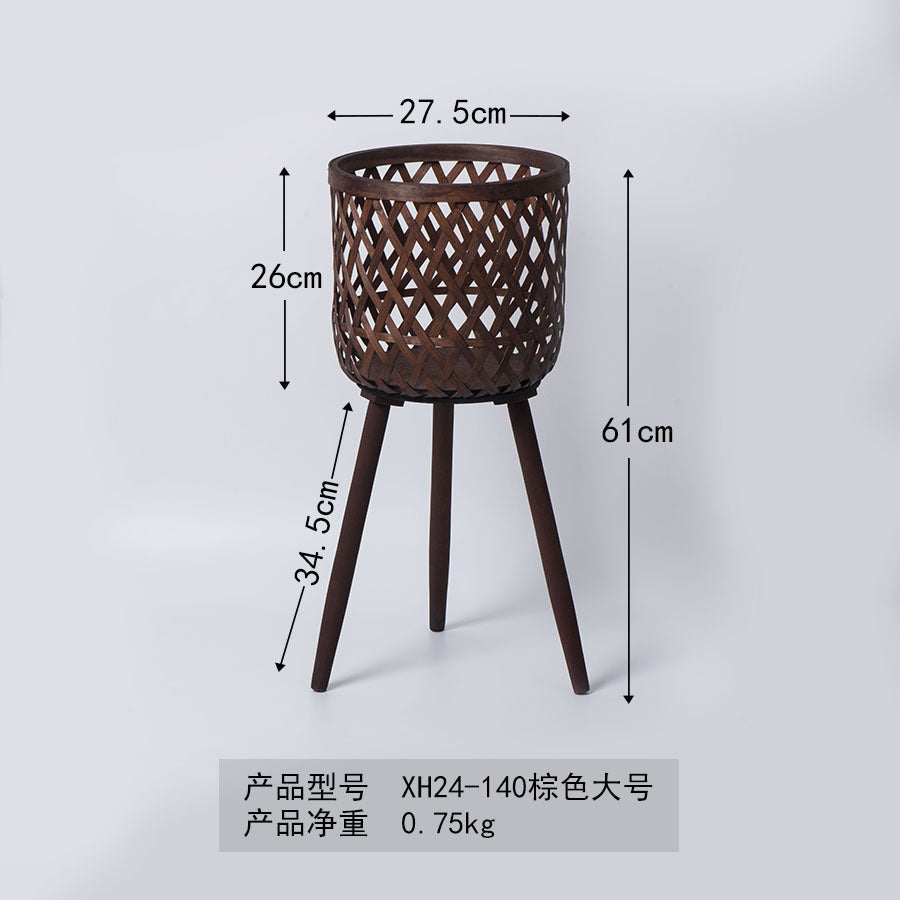 Nordic Style Rattan Flower Pot Indoor Balcony Living Room Plant Green Rose Hand-Woven Wooden High Foot Floor Flower Rack