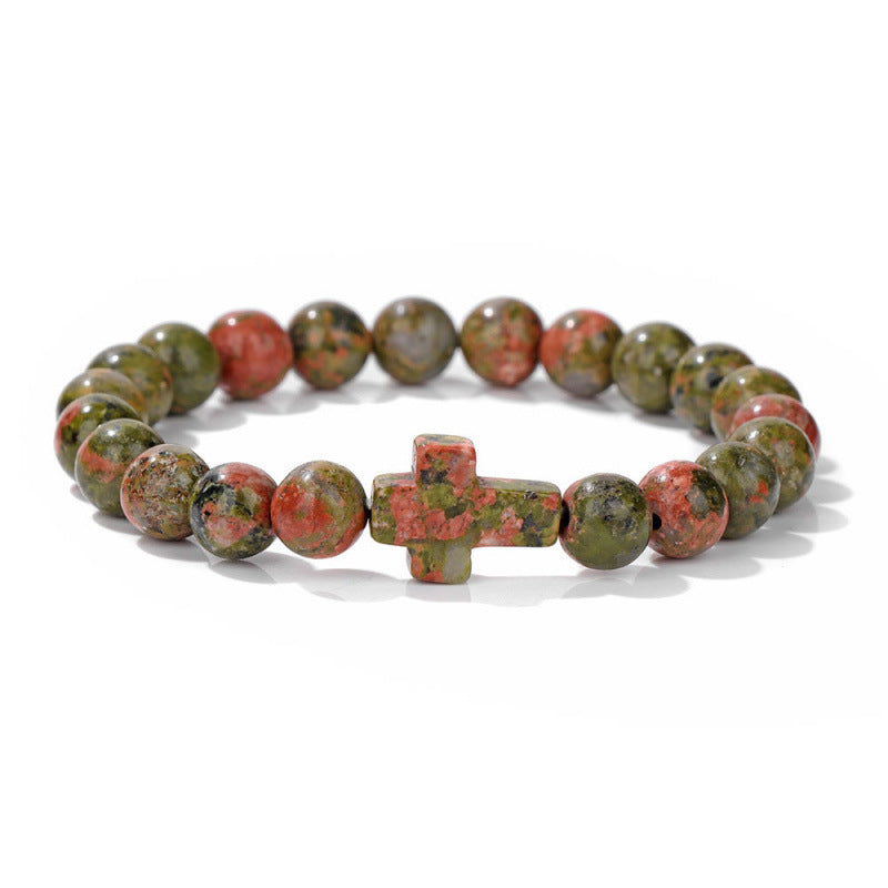 Temu Hot Selling Natural Stone Cross Bracelet Women's Glossy Indian Agate Beads Beaded Bracelet Elastic Bracelet