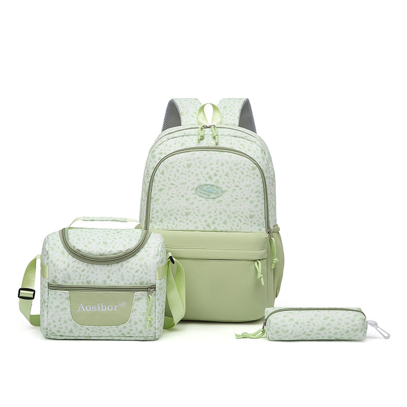 Leopard Print Three-Piece Backpack Set/ Large Capacity, Lightweight Student School Bag, Junior High School Student Set Bag, Pencil Case, Meal Bag