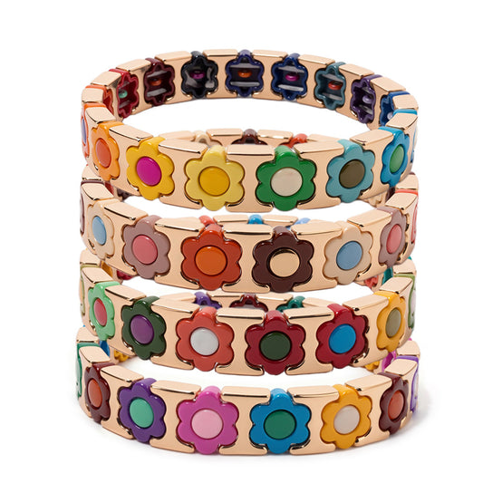 European and American enamel adjustable elastic bracelet for women, summer niche high-end enamel floral bracelet vintage