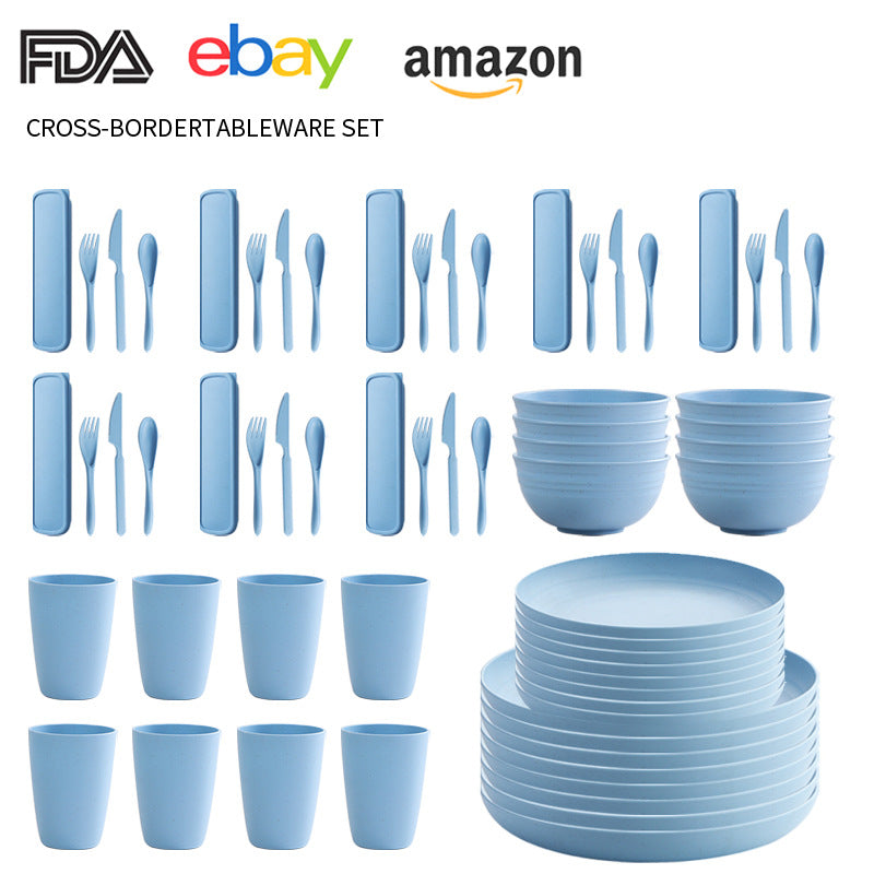 Cross-border Amazon Wheat Straw Tableware suit Black Plate Bowl Cup Knife and Fork Spoon Portable Tableware Bowl Plate suit
