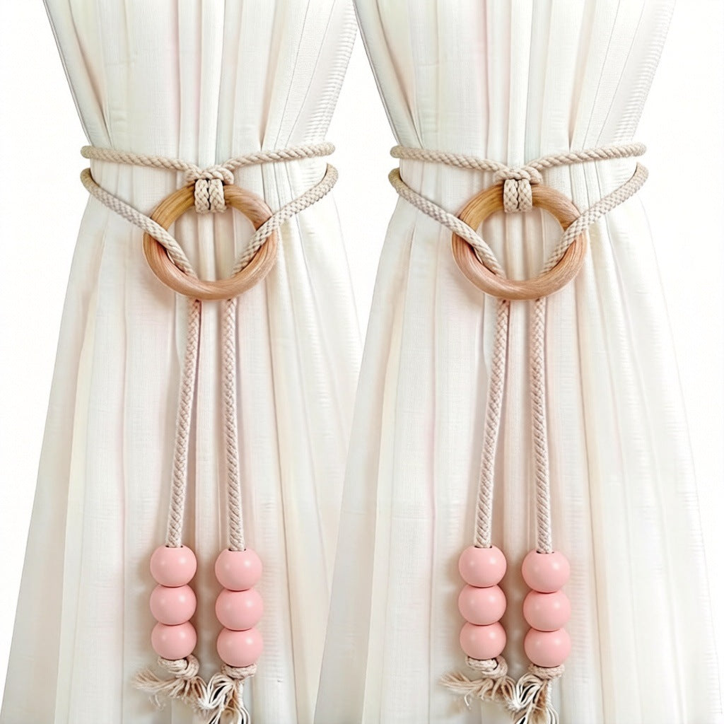 Curtain  Tiebacks with Cotton Rope Weaving Adjustable Sheer Curtain Strap Storage Clips Cream-Style Hanging Ball Decorations