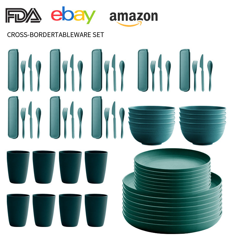 Cross-border Amazon Wheat Straw Tableware suit Black Plate Bowl Cup Knife and Fork Spoon Portable Tableware Bowl Plate suit