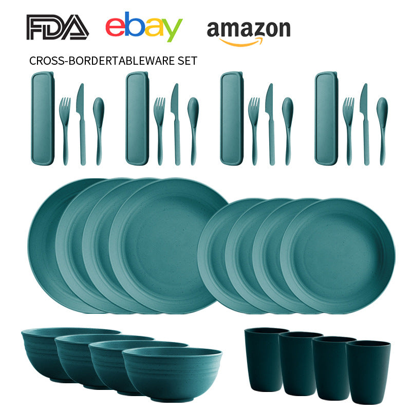 Cross-border Amazon Wheat Straw Tableware suit Black Plate Bowl Cup Knife and Fork Spoon Portable Tableware Bowl Plate suit