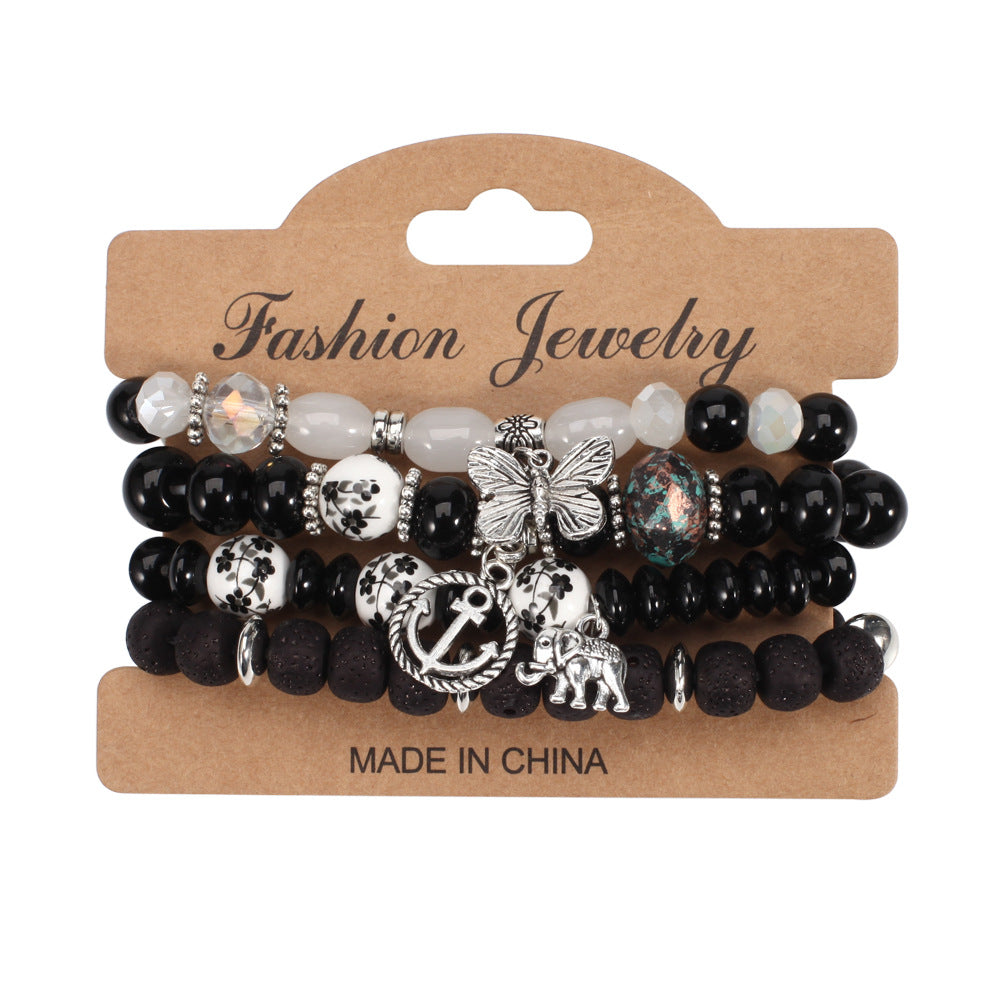 Bohemian Butterfly Ship Anchor Elephant Pendant Multi-layer Bracelet