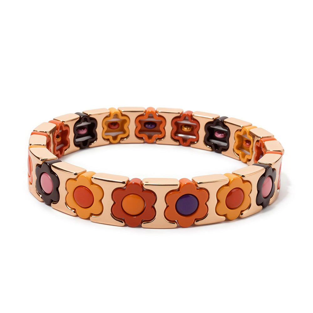 European and American enamel adjustable elastic bracelet for women, summer niche high-end enamel floral bracelet vintage