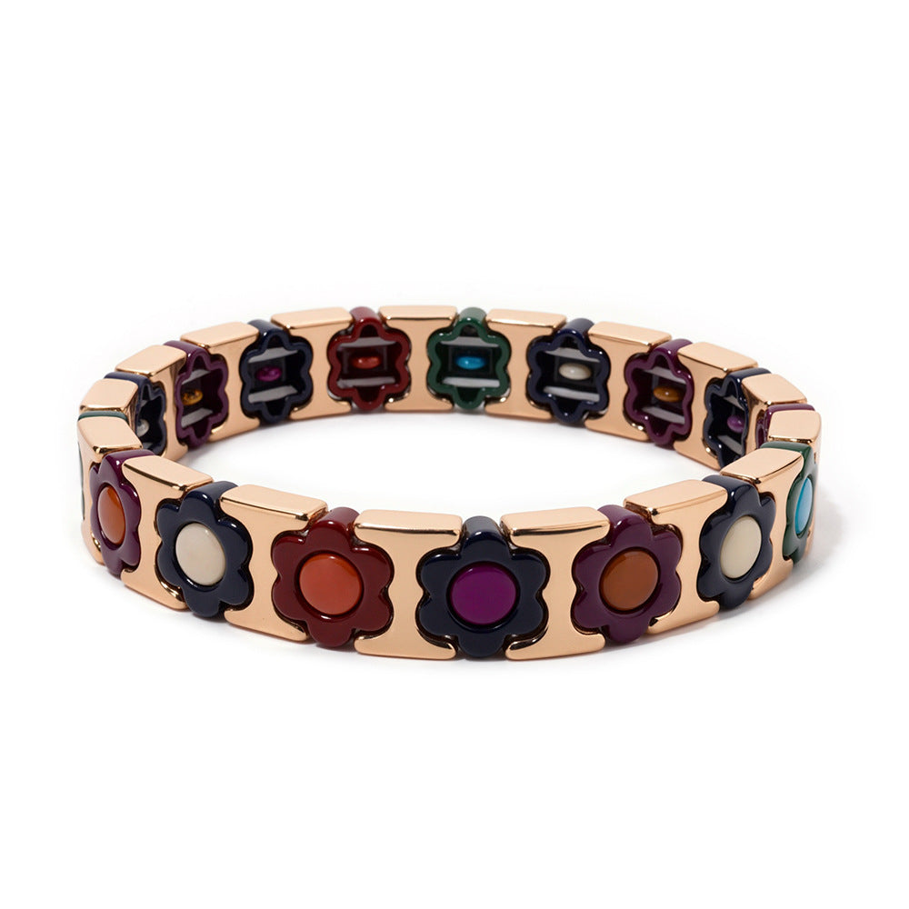 European and American enamel adjustable elastic bracelet for women, summer niche high-end enamel floral bracelet vintage