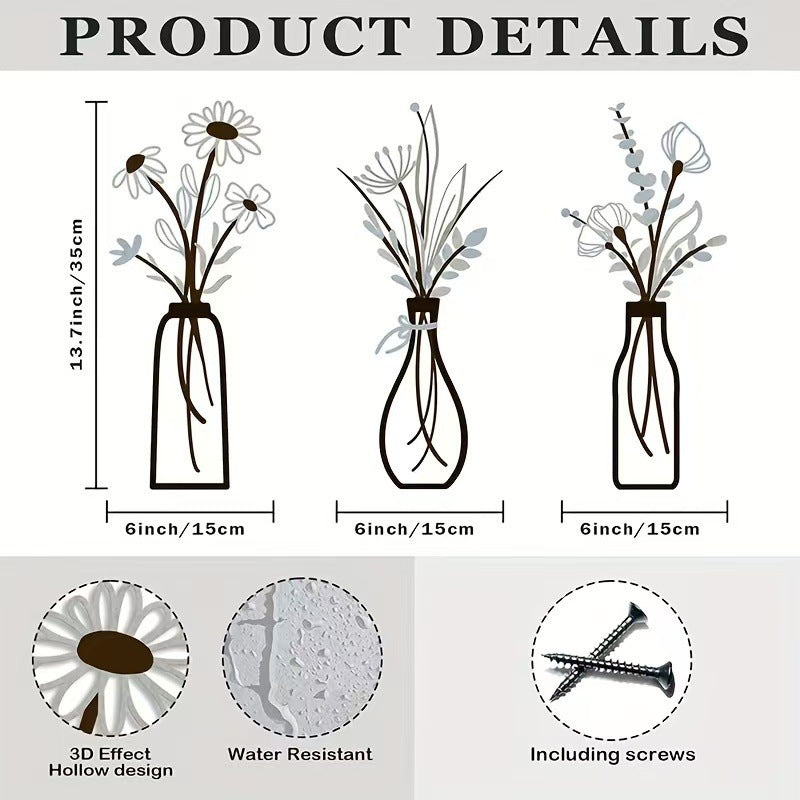 Amazon Three-Piece Metal Flower Wall Decoration Flower Home Bedroom Iron Painting Metal Vase Wall Hanging