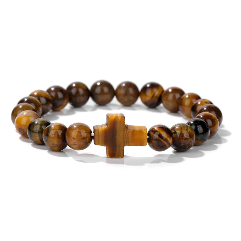 Temu Hot Selling Natural Stone Cross Bracelet Women's Glossy Indian Agate Beads Beaded Bracelet Elastic Bracelet