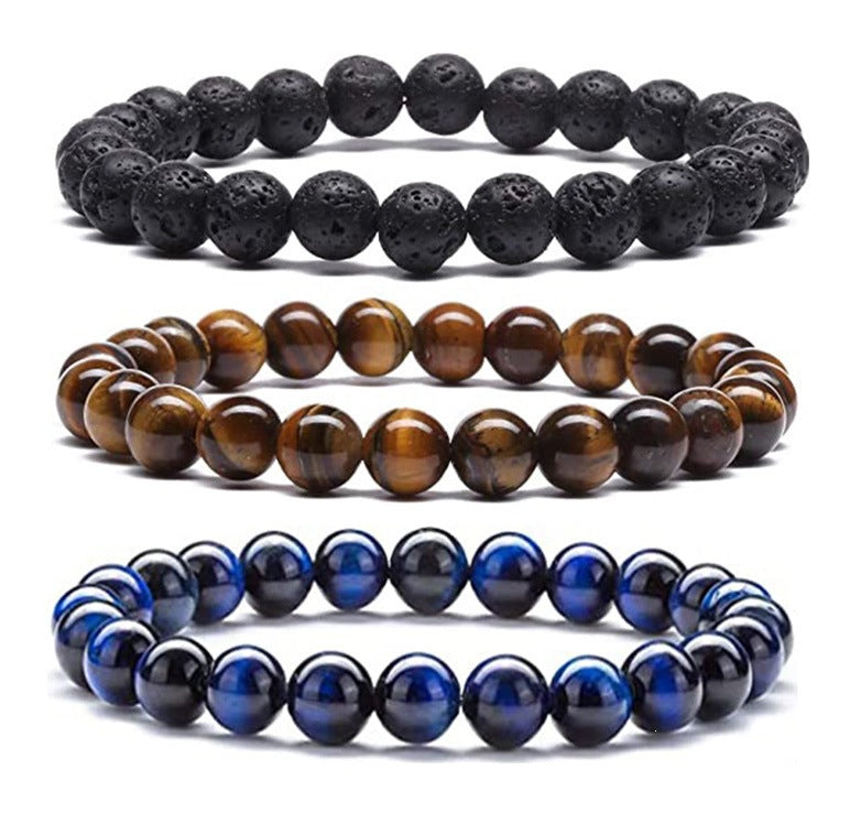 Popular Amazon European and American Men's Fashion Set, Stylish Tiger Eye Volcanic Stone Bracelet, White Pine Snowflake Bracelet, Versatile Accessories