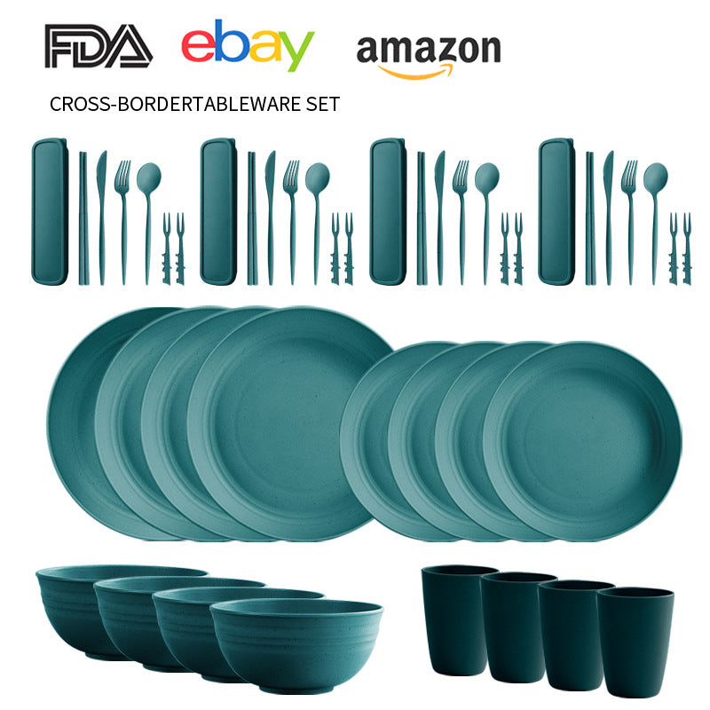 Cross-border Amazon Wheat Straw Tableware suit Black Plate Bowl Cup Knife and Fork Spoon Portable Tableware Bowl Plate suit