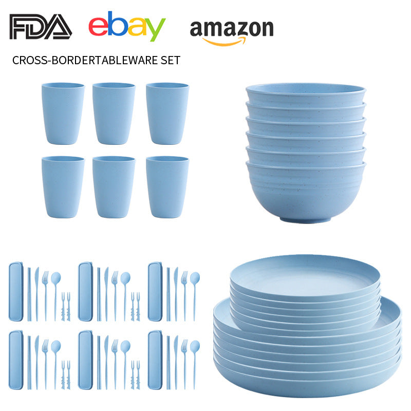 Cross-border Amazon Wheat Straw Tableware suit Black Plate Bowl Cup Knife and Fork Spoon Portable Tableware Bowl Plate suit