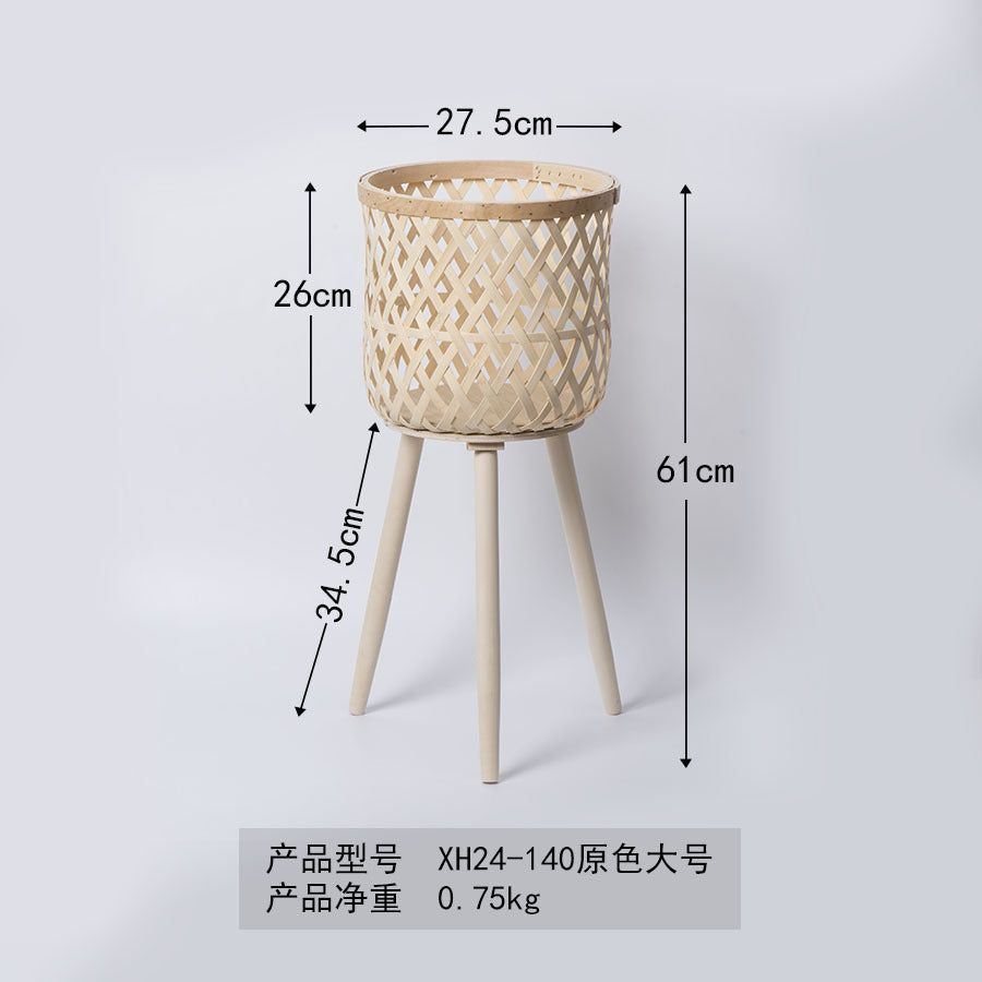 Nordic Style Rattan Flower Pot Indoor Balcony Living Room Plant Green Rose Hand-Woven Wooden High Foot Floor Flower Rack