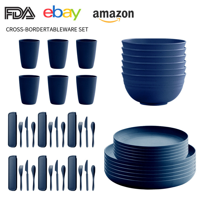 Cross-border Amazon Wheat Straw Tableware suit Black Plate Bowl Cup Knife and Fork Spoon Portable Tableware Bowl Plate suit