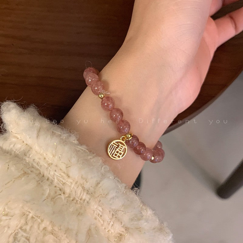 Pink Beauty Strawberry Crystal Pendant Bracelet Women's Bracelet Peach Blossom Zircon Strawberry Crystal Bracelet Ins Style Cute Jewelry Women