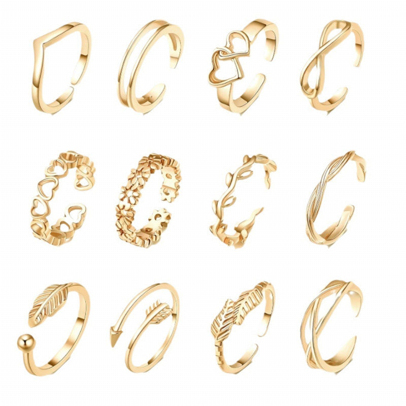 12Pcs Hollow-Out Adjustable Open-Toe Rings for Women Beach Toe Rings