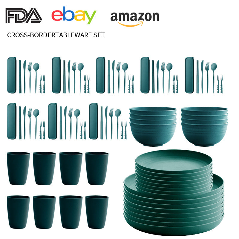 Cross-border Amazon Wheat Straw Tableware suit Black Plate Bowl Cup Knife and Fork Spoon Portable Tableware Bowl Plate suit