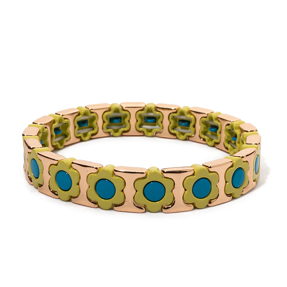 European and American enamel adjustable elastic bracelet for women, summer niche high-end enamel floral bracelet vintage