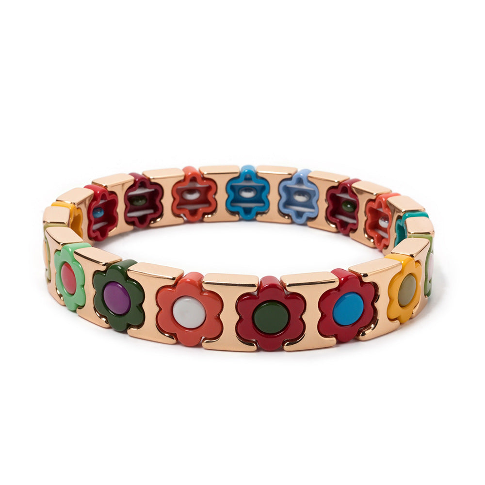 European and American enamel adjustable elastic bracelet for women, summer niche high-end enamel floral bracelet vintage
