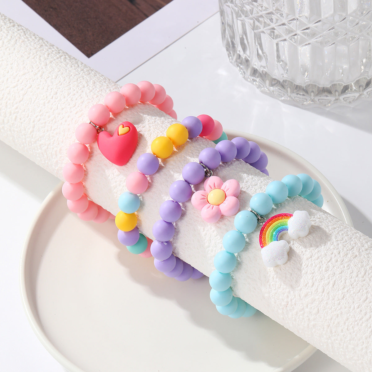 Bohemian Heart-Shaped Acrylic Cute Pink Letter Bracelet Colorful Beaded Bracelet Set
