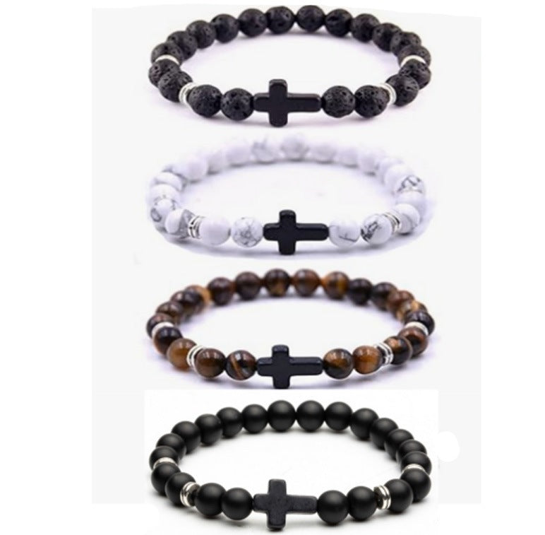 Popular Amazon European and American Men's Fashion Set, Stylish Tiger Eye Volcanic Stone Bracelet, White Pine Snowflake Bracelet, Versatile Accessories