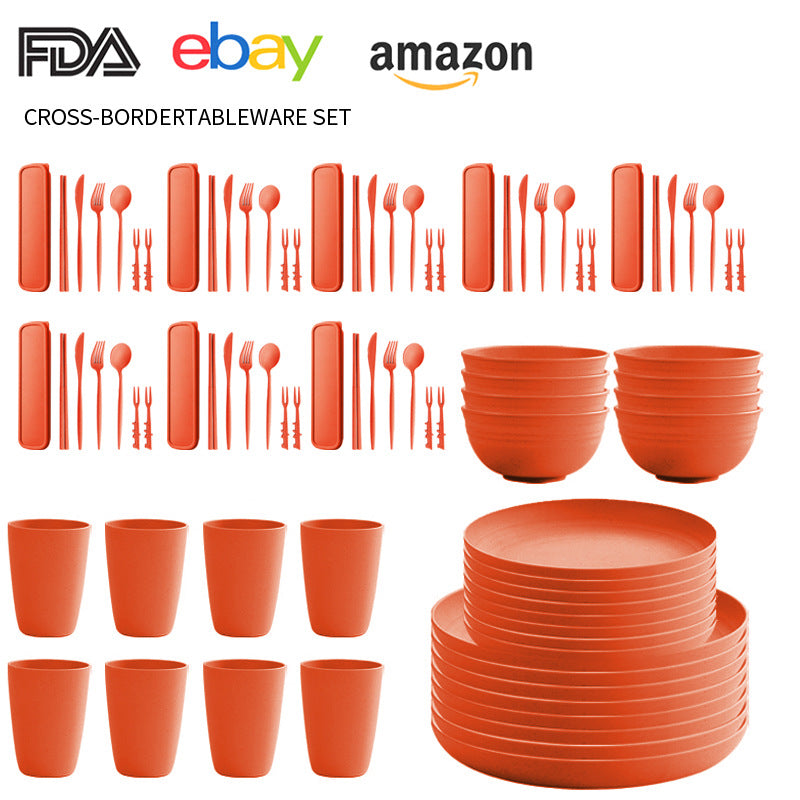 Cross-border Amazon Wheat Straw Tableware suit Black Plate Bowl Cup Knife and Fork Spoon Portable Tableware Bowl Plate suit