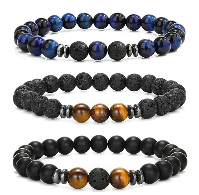 Popular Amazon European and American Men's Fashion Set, Stylish Tiger Eye Volcanic Stone Bracelet, White Pine Snowflake Bracelet, Versatile Accessories