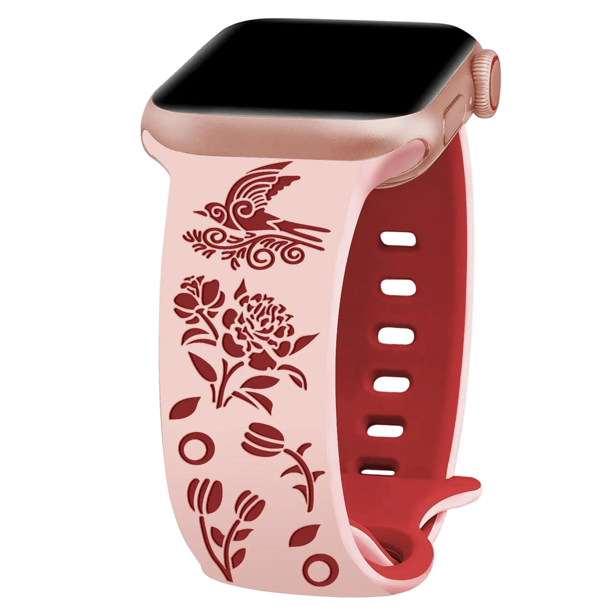 Iwatchs11 Laser-Engraved Silicone Butterfly Buckle Bird and Flower Watch Strap 8-Shaped Buckle Two-Color Watch Strap