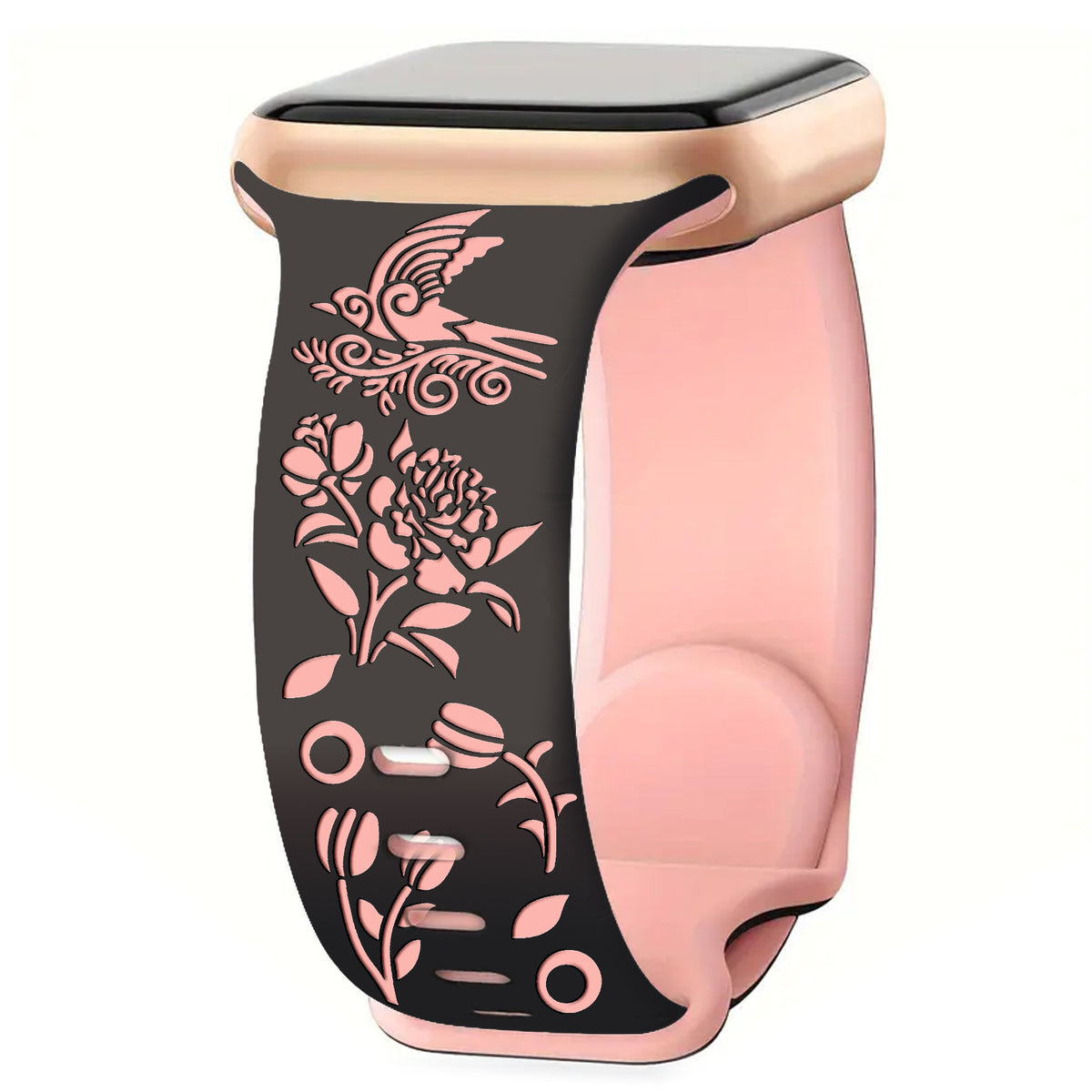 Iwatchs11 Laser-Engraved Silicone Butterfly Buckle Bird and Flower Watch Strap 8-Shaped Buckle Two-Color Watch Strap