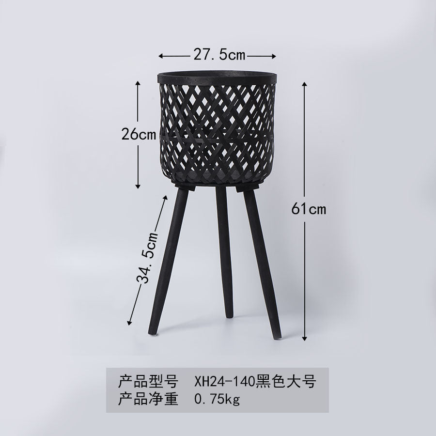 Nordic Style Rattan Flower Pot Indoor Balcony Living Room Plant Green Rose Hand-Woven Wooden High Foot Floor Flower Rack