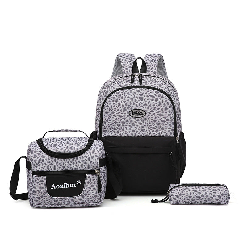 Leopard Print Three-Piece Backpack Set/ Large Capacity, Lightweight Student School Bag, Junior High School Student Set Bag, Pencil Case, Meal Bag