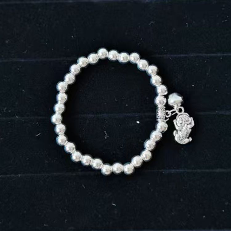 Beaded Lucky Cat Bracelet, Silver-Plated Bracelet with Round Beads, Elastic Cord Handmade Beaded Bracelet from Yunnan, Guizhou, and Sichuan, Auspicious Elephant Bell
