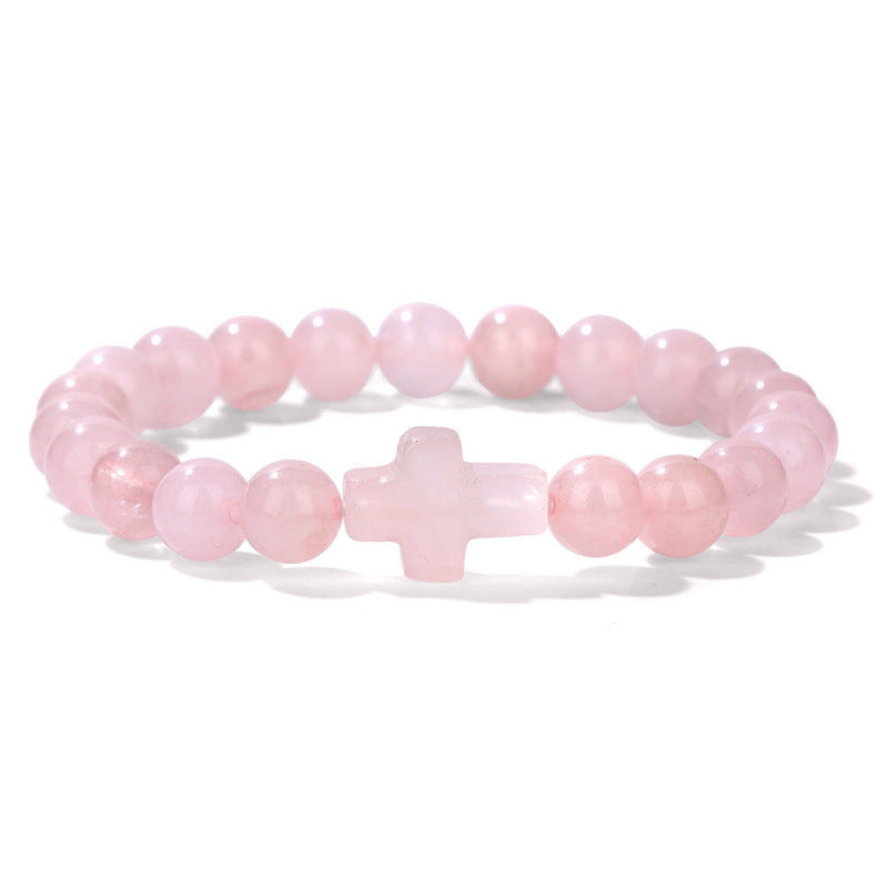 Temu Hot Selling Natural Stone Cross Bracelet Women's Glossy Indian Agate Beads Beaded Bracelet Elastic Bracelet