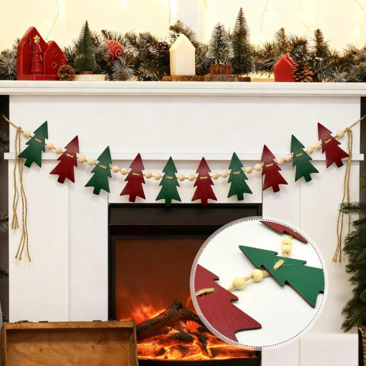 Farmhouse Felt Christmas Tree Wooden Beads Garland Hanging Decorations Banner for Mantel Fireplace Home Room