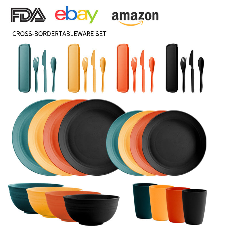 Cross-border Amazon Wheat Straw Tableware suit Black Plate Bowl Cup Knife and Fork Spoon Portable Tableware Bowl Plate suit