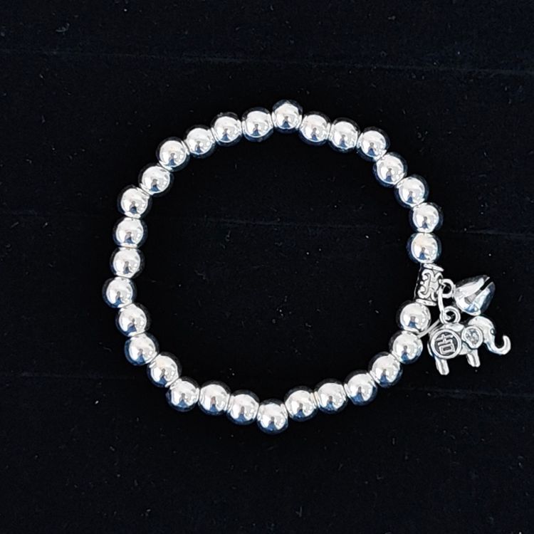 Beaded Lucky Cat Bracelet, Silver-Plated Bracelet with Round Beads, Elastic Cord Handmade Beaded Bracelet from Yunnan, Guizhou, and Sichuan, Auspicious Elephant Bell