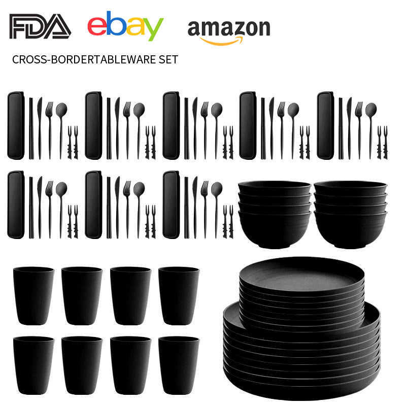 Cross-border Amazon Wheat Straw Tableware suit Black Plate Bowl Cup Knife and Fork Spoon Portable Tableware Bowl Plate suit