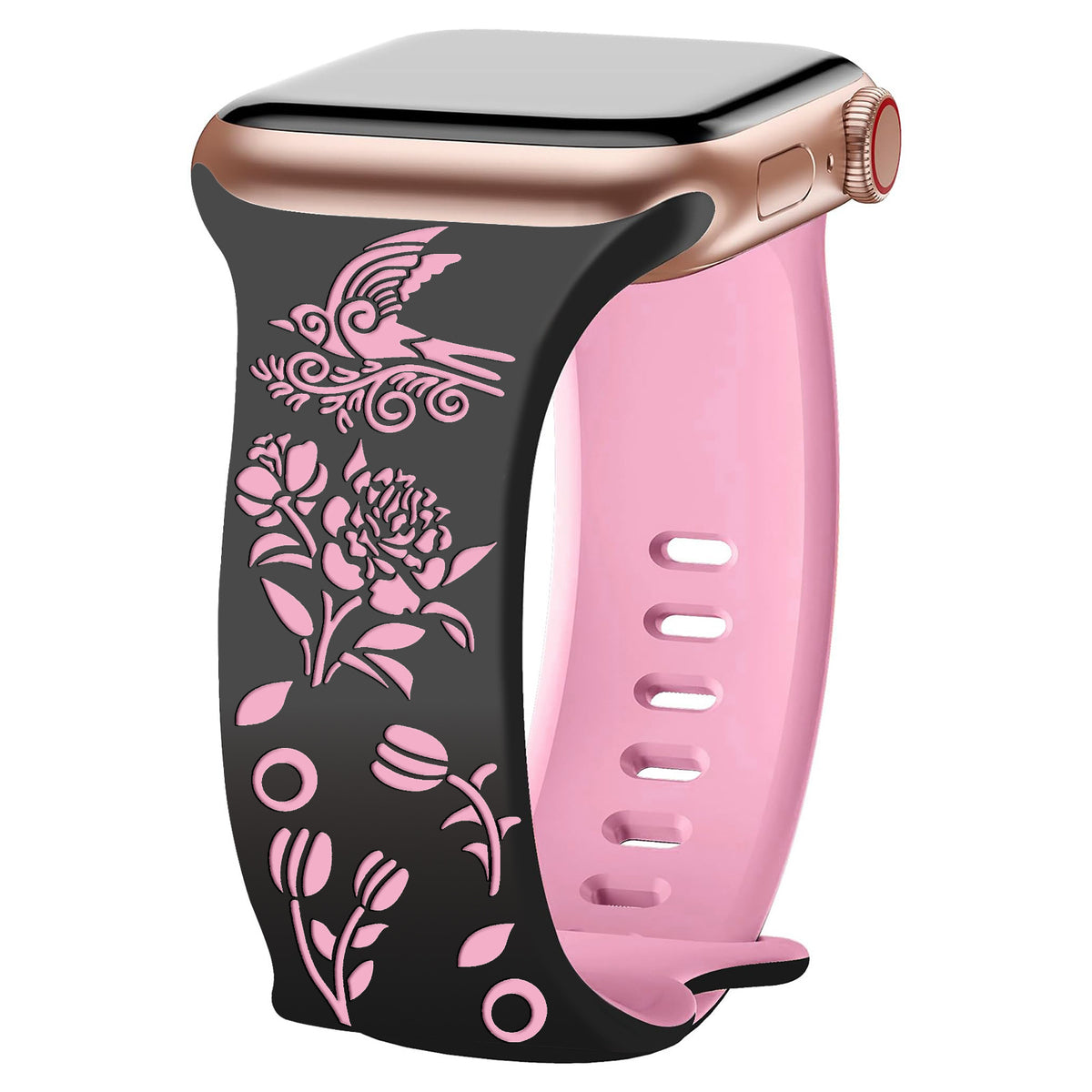 Iwatchs11 Laser-Engraved Silicone Butterfly Buckle Bird and Flower Watch Strap 8-Shaped Buckle Two-Color Watch Strap