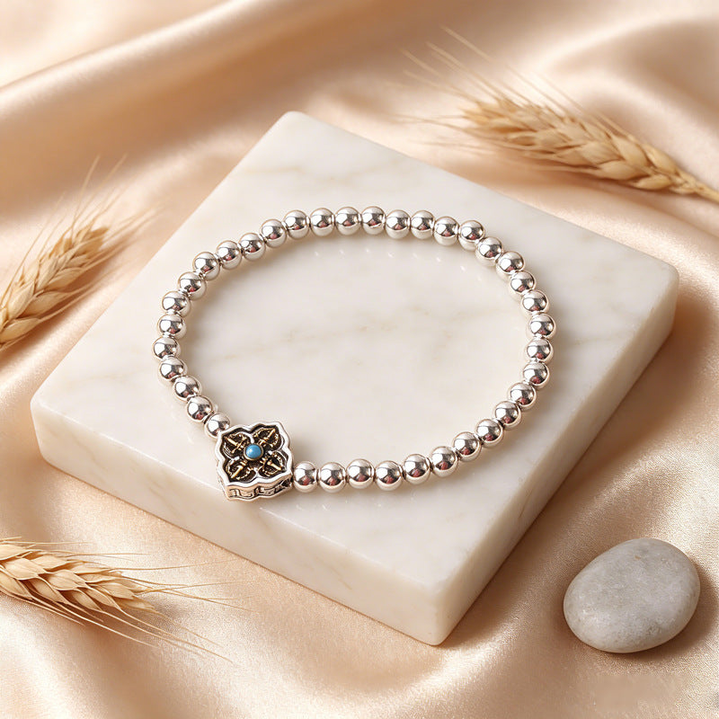 New Style Imitation Silver Tibetan Silver Lucky Cat Pendant Bracelet Glossy Silver Beads Bracelet Simple All-Match Design Jewelry Wholesale