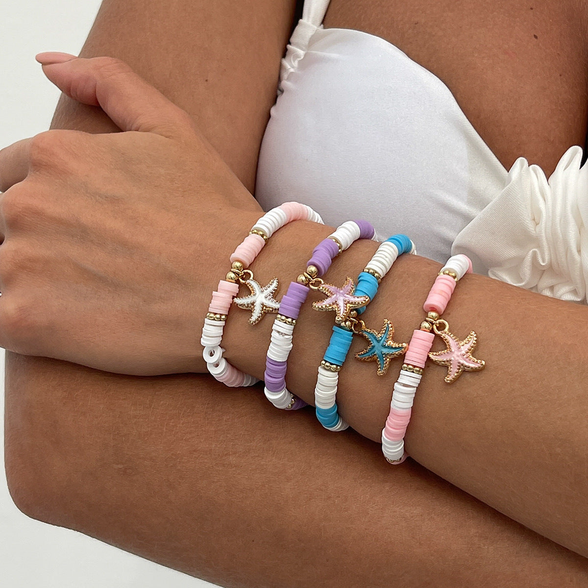 Fresh and Healing Blue and White Soft Clay Beaded Bracelet with Ocean Elements, Multi-Layered, Versatile Summer Commute Bracelet Set