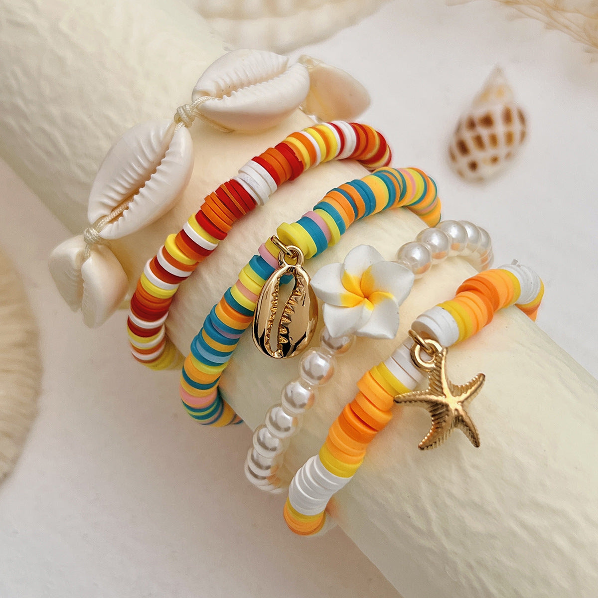 Fresh and Healing Blue and White Soft Clay Beaded Bracelet with Ocean Elements, Multi-Layered, Versatile Summer Commute Bracelet Set