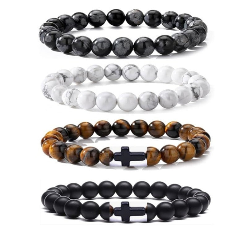 Popular Amazon European and American Men's Fashion Set, Stylish Tiger Eye Volcanic Stone Bracelet, White Pine Snowflake Bracelet, Versatile Accessories