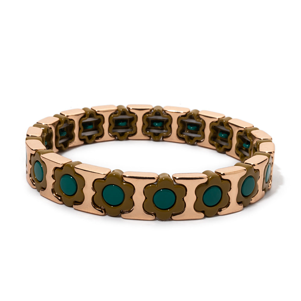 European and American enamel adjustable elastic bracelet for women, summer niche high-end enamel floral bracelet vintage