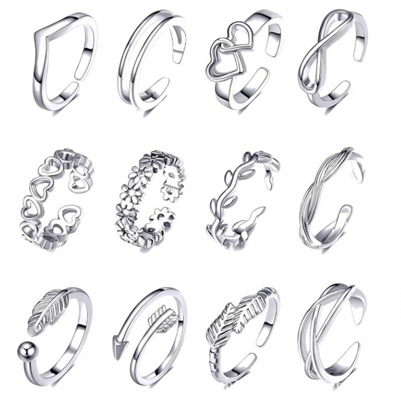12Pcs Hollow-Out Adjustable Open-Toe Rings for Women Beach Toe Rings