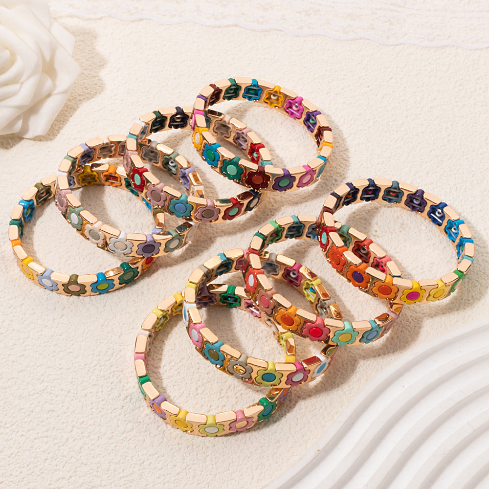 European and American enamel adjustable elastic bracelet for women, summer niche high-end enamel floral bracelet vintage
