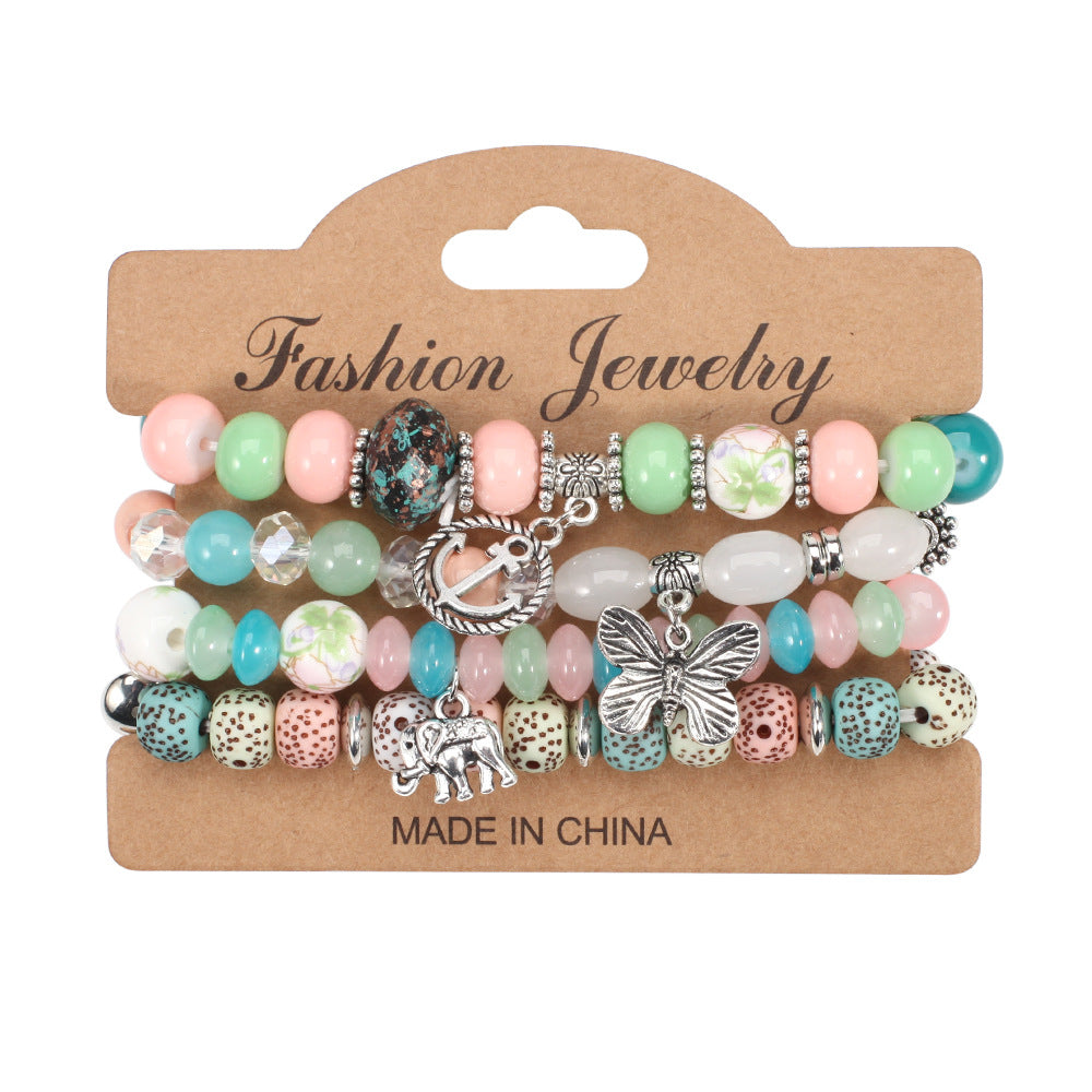 Bohemian Butterfly Ship Anchor Elephant Pendant Multi-layer Bracelet