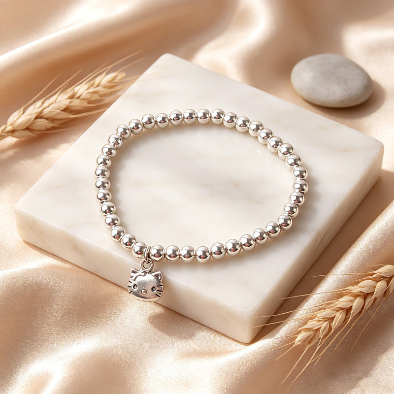 New Style Imitation Silver Tibetan Silver Lucky Cat Pendant Bracelet Glossy Silver Beads Bracelet Simple All-Match Design Jewelry Wholesale