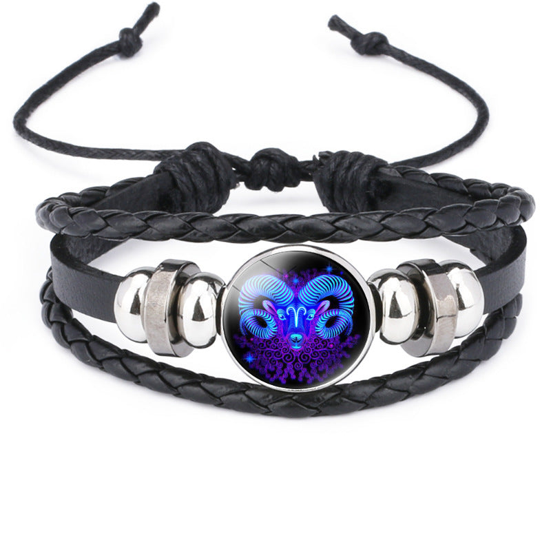 Twelve Zodiac Signs Beaded Handmade Leather Bracelet, New Cross-Border Accessory, In-Stock Wholesale from Yiwu Jewelry Factory